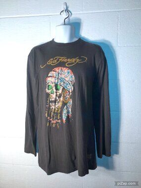Ed Hardy Men's XXL Long Sleeve Gray T-Shirt Rhinestone Pirate Skull Y2K
